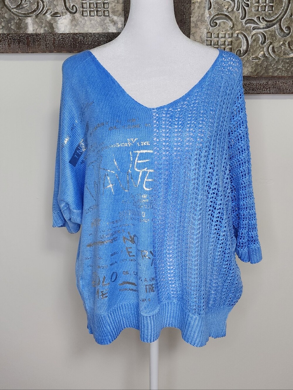 Brand Bazar Lightweight Blue V-Neck Open Knit Oversized Sweater Medium Summer
